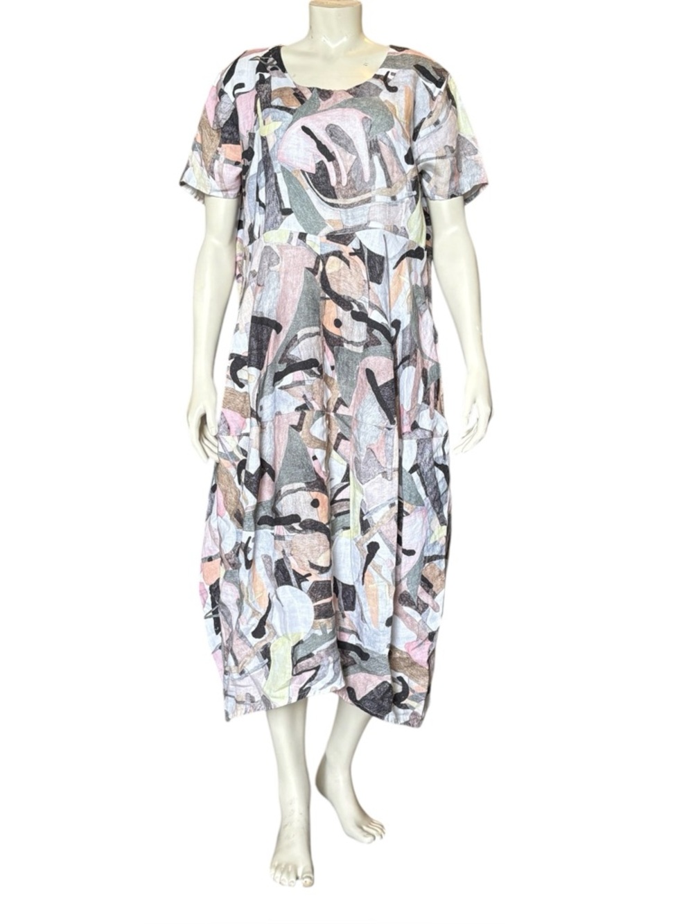 GRIZAS Abstract Print Washed Linen Midi Size 2XL New Short Sleeve Round neckline
